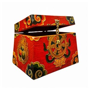 6-Inch Buddhist Wooden Box With Ashtamangala Design, Tibetan Style With Traditional Colors