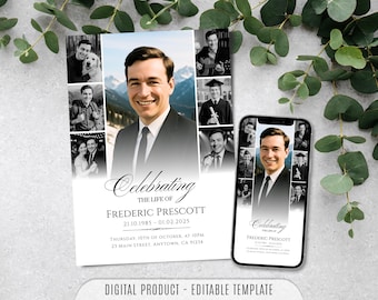 Puede incluir: Un anuncio conmemorativo con un retrato central y varias fotos más pequeñas. El diseño incluye el texto "Celebrating the Life of Frederic Prescott" y detalles del evento. Un smartphone muestra el mismo diseño.