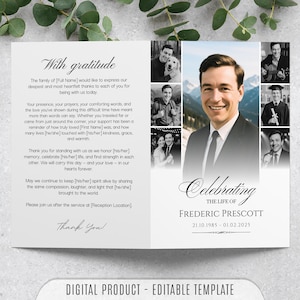 May include: A memorial card template with a photo collage and the text "Celebrating the Life of Frederic Prescott." The card includes the dates 21.10.1985 - 01.02.2025 and the words "With gratitude" and "Thank You."