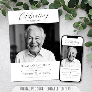 Plantilla de invitación para celebrar la vida, invitación digital e imprimible para funeral, mensaje de texto, anuncio funerario minimalista