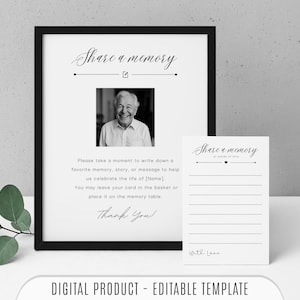 Compartilhe um modelo de cartão de memória e placa, alternativa para livro de visitas de funeral, cartão memorial editável, celebração da vida, cartão de funeral minimalista