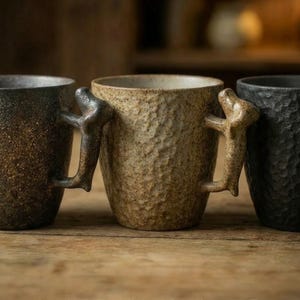 Handgemaakte keramische espressokop, getextureerd steengoed ritueel theekopje, vintage middeleeuwse stijl - drakenschaalmok met sculpturaal handvat, 120 ml