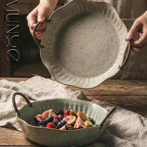 Rustic Rope-Handled Ceramic Tray, Handcrafted Vintage Plate, Wabi-Sabi Stoneware Serving Dish, Decorative Tableware, 8 Inch