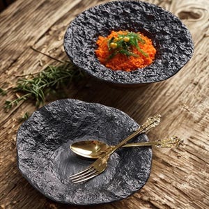 Volcanic Stone Inspired Black Ceramic Plate. Textured Handmade Dish with Organic Edges. Rustic Lava Glaze Pottery for Unique Gift