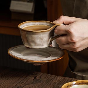 Vintage Ceramic Coffee Cup and Saucer Set - Handmade Glaze Mug - Boho Pottery Teacup - Rustic Aesthetic Kitchen Gift