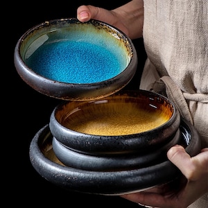 Ceramic Japanese Style Bowl - Rustic Glazed Stoneware Dish, Natural Stone Look Plate, Tableware Modern Gift