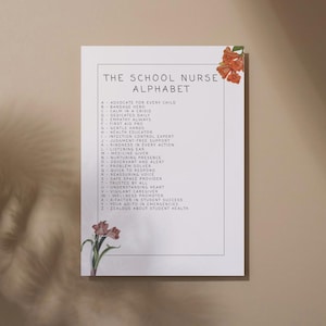 Póster del alfabeto de la enfermera escolar, decoración del aula, regalo de enfermera escolar, póster de aprendizaje para niños, agradecimiento a la enfermera, consultorio médico