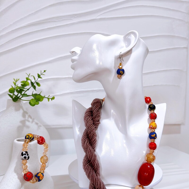 Pendo African Jewelry Rope Beaded necklace-red and other color beads