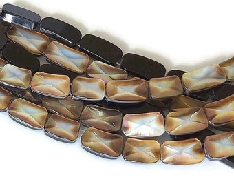 Black Tahiti Shell Bead, 2-Strand/Double Drill, Curved Rectangle/Oval, Silver-Gray/Brown, Artisan Handmade, 15-20mm, 8-Inch Strand - ID 2777