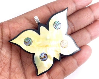 Mosaic Gold Butterfly Inlaid Mother of Pearl, Abalone Shell, Silver Plated Bail, Animal Lover, Collector, Large, 56x38mm, 1pc - ID 2589