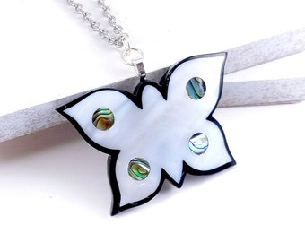 Mosaic Butterfly Pendant, Inlaid, White Makabibi, Abalone Shell, Silver Plated Bail, Animal Lover, Collector, Large, 56x38mm, 1pc - ID 2590