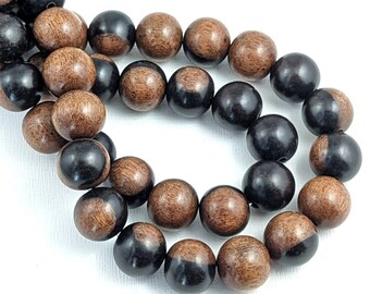 Tiger Ebony Wood Bead, 14mm-15mm, Brown/Black, Banded, Striped, Mixed, Natural Wood Beads, Round, Smooth, Large, 16-Inch Strand - ID 1551-LT