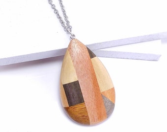 Mosaic Mixed Wood Teardrop Pendant with Stainless Steel Bail, Multicolored, Large, Artisan Made, Natural Wood, 68x40x9mm, 1pc - ID 2594-PNDT