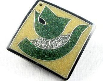 Vintage Recycled Sawdust Resin Pendant, Art Deco Flower or Spartan, Green/Yellow, Artisan Handmade Bead, 35mm (1pc) - ID 2518