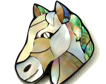Mosaic Shell Cabochon, Horse Head, Gray/Brown, For Animal Lovers, Inlaid Resin Cabochon, Large, 35mm x 30mm (1pc) - ID 2538