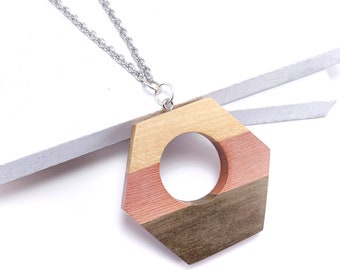 Mosaic Mixed Wood Open Hexagon Pendant, Stainless Steel Bail, Multicolored, Large, Handmade, Natural Wood, 53x47x7mm (1pc) - ID 2595-PNDT