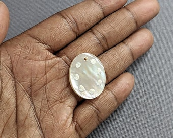 White Mother of Pearl Focal Bead, Flat Oval, Engraved, Clockwork Dots, Artisan Handmade, Necklace/Earring Component, 26x20mm (1pc) - ID 2774