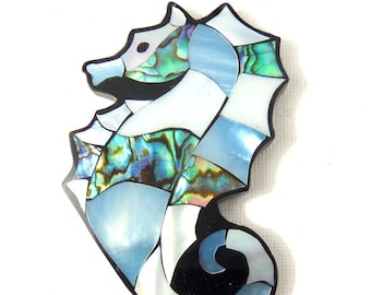 Mosaic Shell Cabochon, Seahorse, Blue, Abalone Shell, Black Lip Shell, Inlaid Resin Cab, Statement, Large/Big, 70mm x 50mm (1pc) - ID 2537