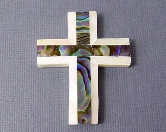 Makabibi Shell Cross with Abalone Shell Inlay, 40mm x 30mm, Straight, Natural Shell, Handmade Artisan Bead, Large, Big, 1pc - ID 2376