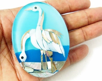 Mosaic Shell Cabochon, Long Neck Crane/Swan By the Sea, Resin Cabochon, Cameo, Oval, Large, Big, Flat Back Cab, 60mm x 45mm, 1pc - ID 2410