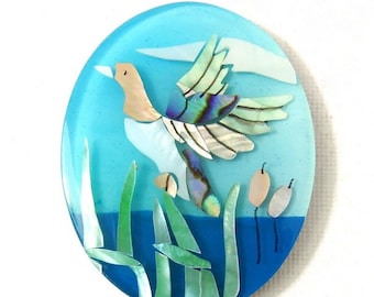 Mosaic Shell Cabochon, Flying Bird/Duck, Resin Cabochon, Oval, Cameo, Large, Big, Flat Back Cab, Animal Bead, 53mm x 42mm, 1pc - ID 2411