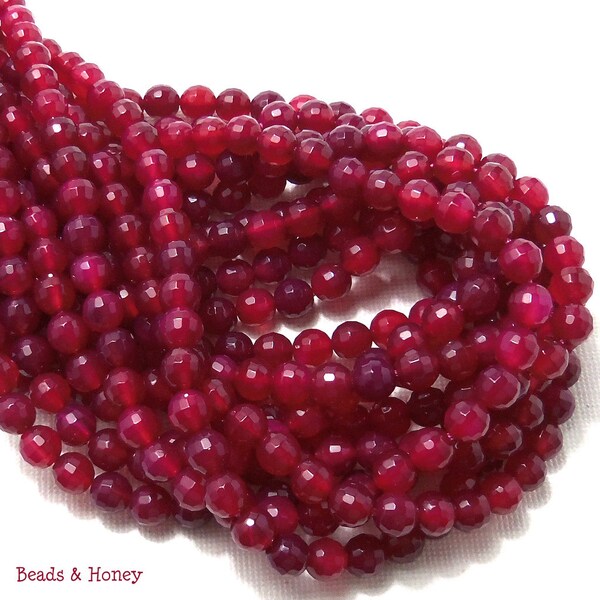 Agate, Pink-Magenta, Round, Faceted, 6mm, Small, Gemstone Beads, Full-Strand, 62pcs - ID 1425
