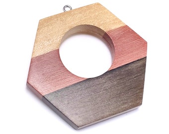 Mosaic Mixed Wood Open Hexagon Pendant, Stainless Steel Bail, Multicolored, Large, Handmade, Natural Wood, 53x47x7mm (1pc) - ID 2595-PNDT