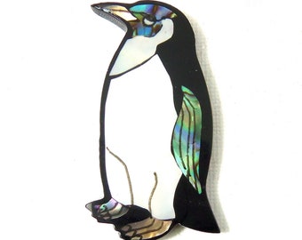 Mosaic Shell Cabochon, Penguin, Black/White, For Animal Lovers, Inlaid Resin Cabochon, Large, Big, 45mm x 22mm (1pc) - ID 2540