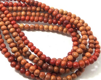 Narra Wood Bead, 4mm - 5mm, Red Orange, Round, Smooth, Natural Wood Beads, Small, 16 Inch Strand - ID 1652-RD