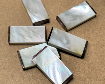 White Mother of Pearl Beads with Dark Accent, 28mm x 14mm, Rectangle, Flat, Smooth, High Grade, Artisan Handmade Bead, Large, 6pcs - ID 2620