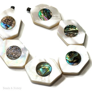 Makabibi Shell with Abalone Shell Inlay, 7 Beads, Hexagon, Natural Shell, Artisan Handmade, Unique Focal, 20x30mm, Large - ID 1575-SET7