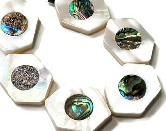 Makabibi Shell with Abalone Shell Inlay, 7 Beads, Hexagon, Natural Shell, Artisan Handmade, Unique Focal, 20x30mm, Large - ID 1575-SET7