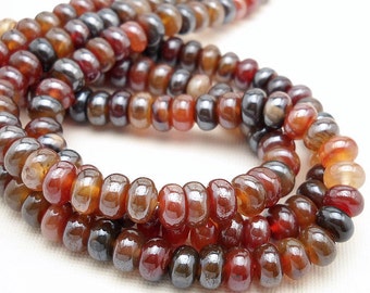 Dream Agate, Metallic, 8mm, Red-Orange/Black, Rondelle, Titanium/Mirror/AB Coated, Gemstone Beads, Small, 16-inch Strand - ID 849