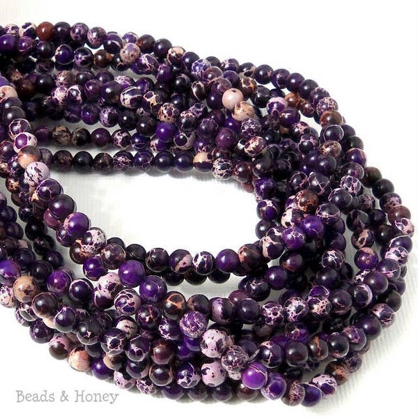 Impression Stone, Dark Purple, 4mm, Round, Smooth, Mixed Color, Multicolored, Gemstone Beads, Very Small, 16 Inch Strand - ID 2247