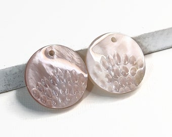 Set of 2 Pink Shell Focal Beads, 25mm, Dotted Design, Pink/Peach/Cream, Coin, Pendant, Natural, Rare, Artisan Handmade, Large - ID 2772-SET2