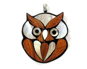 Mosaic Owl Pendant, Bayong Wood, Shell or Mother of Pearl, Nickel-Free Bail, Animal Lover, Collector, Gift, Large, 30mm, 1pc - ID 2542-PNDT