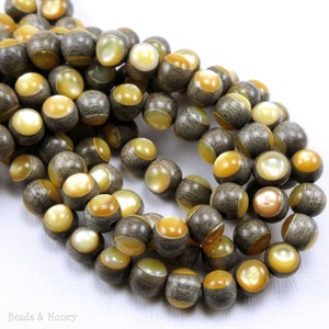 Graywood with Gold Mother-of-Pearl Inlay, 8mm, High Quality, Round, Smooth, Natural Wood, Artisan Inlaid Beads, 8-Inch Strand - ID 2483
