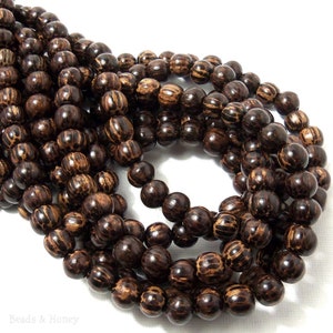 Patikan Wood Beads, 8mm, Round, Old Palmwood, Brown/Black, Banded, Striped, Dark, Natural Wood Beads, Small, 16 Inch Strand - ID 1413