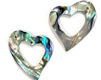 Heart Earring Charms, Abalone Shell, Handmade, Focal Bead, Pendant, Hang Diagonally, Open Heart, Artisan Made, 26x24mm, Set of 2 - ID 2785-A