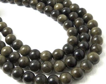 Golden Obsidian, Large Hole Bead, 8mm, Dakota Stones, Round, Smooth, Black with Gold Sheen, Gemstone Beads, 8 Inch Strand - ID 2325