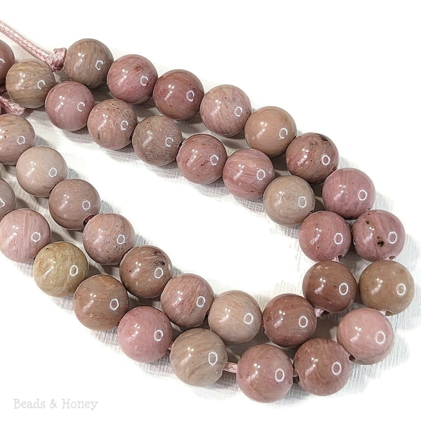 Rhodonite, grand trou, 10 mm, rond, pierres Dakota, rose, ombré, fleur d'Haïti, lisse, pierre précieuse naturelle, brin de 20 cm - ID 2652