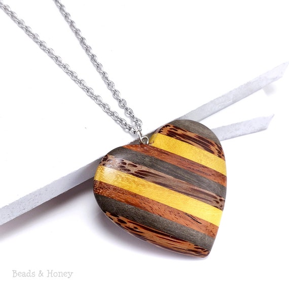 Mosaic Mixed Wood Heart Pendant With Stainless Steel Bail