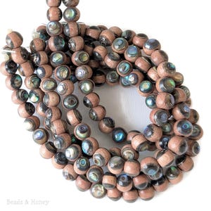 Rosewood Beads with Abalone Shell Inlay, 8mm, Round, Natural Wood and Shell, Handmade, Smooth, 8-Inch Strand - ID 1581