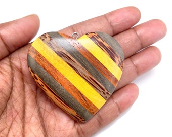 Mosaic Mixed Wood Heart Pendant with Stainless Steel Bail, Multicolored, Large, Artisan Made, Natural Wood, 56x52x10mm, 1pc - ID 2591-PNDT