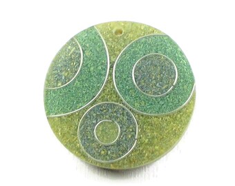 Vintage Recycled Sawdust Pendant, Green/Blue, Abstract Circle Design, Multicolored, Eco-Friendly, Handmade Bead, Large, 35mm (1pc) - ID 2522