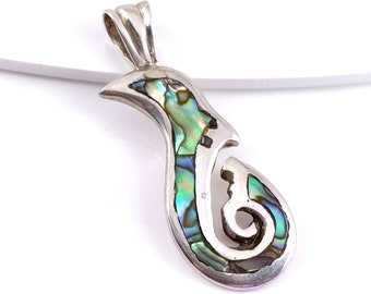 Handmade Sterling Silver Pendant Inlaid with Abalone Shell, Scroll, Hook, OOAK, Cast Silver, Focal Pendant, 35mm x 14mm (1pc) - ID 2144