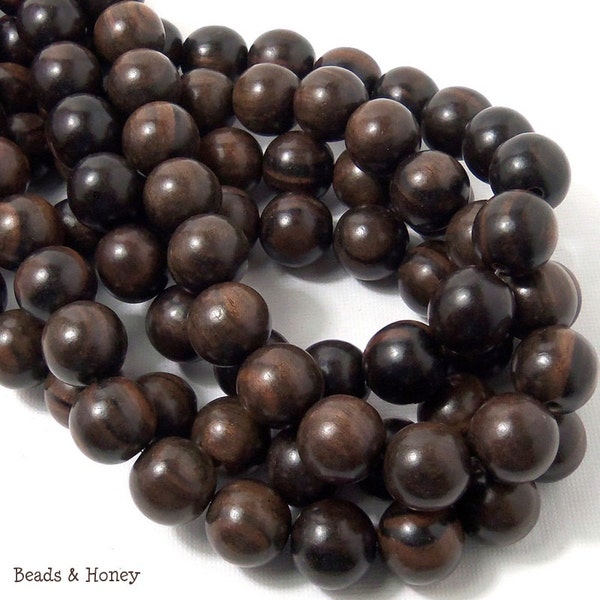 Ebony Wood, 14mm-15mm, Round, Tiger Ebony, Dark Brown, Black, Large, Smooth, Natural Wood Bead, 16-Inch Strand, 16-Inch Strand - ID 1551