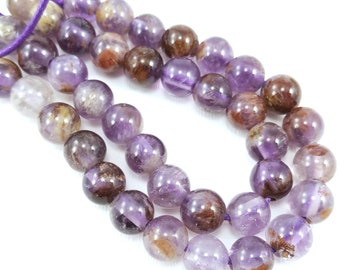 Cacoxenite, Large Hole Bead, 10mm, Round, Dakota Stones, Purple/Gold/Brown, Amethyst, Smooth, Natural Gemstone Bead, 8-Inch Strand - ID 2664