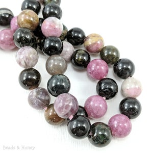 Tourmaline, Large Hole, 10mm, Round, Multicolored, Smooth, Dakota Stones, Pink/Green/Black, Natural Gemstone Bead, 8-Inch Strand - ID 2653