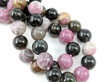 Tourmaline, Large Hole, 10mm, Round, Multicolored, Smooth, Dakota Stones, Pink/Green/Black, Natural Gemstone Bead, 8-Inch Strand - ID 2653
